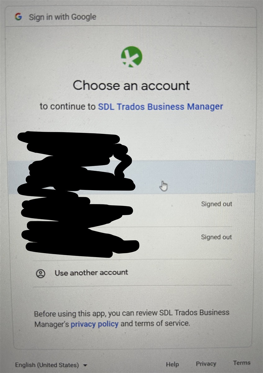 Google Sign in page for SDL Trados Business Manager with options to choose an account or use another account.