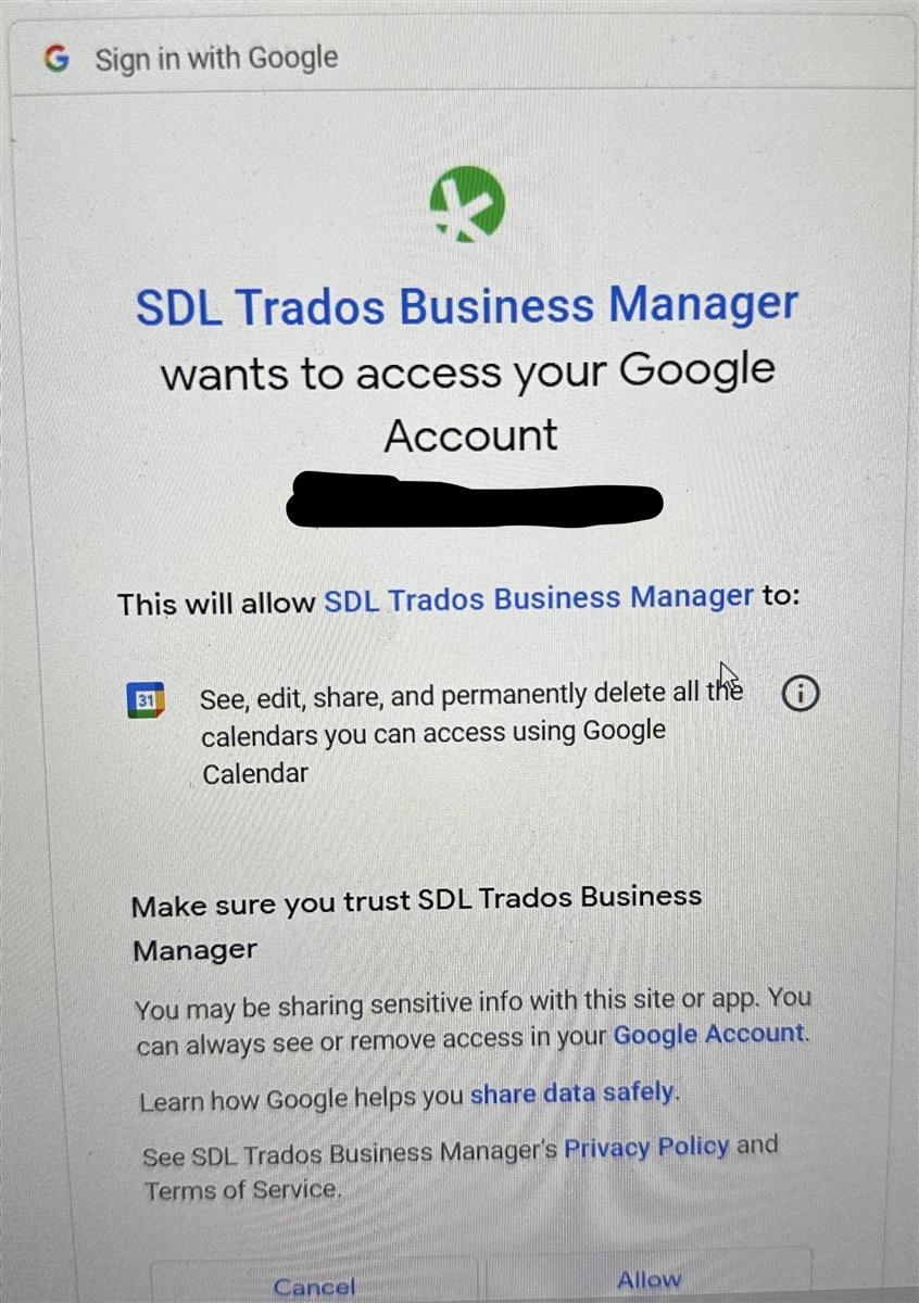 Permission request page showing SDL Trados Business Manager wants to access the Google Account with options to cancel or allow.