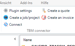 Trados Studio interface showing the 'Connect' button for TBM connector under Plugin settings, with other options like 'Create a jobproject' and 'Create an invoice'.