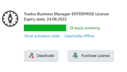 Trados Business Manager ENTERPRISE License with expiry date 24.08.2022 showing 29 days remaining, options to show activation code, deactivate offline, deactivate, and purchase license.