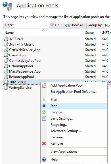 Screenshot of Application Pools window with various pools listed as 'Started'. Context menu open for 'TBM_POOL' with options like Start, Stop, Recycle.