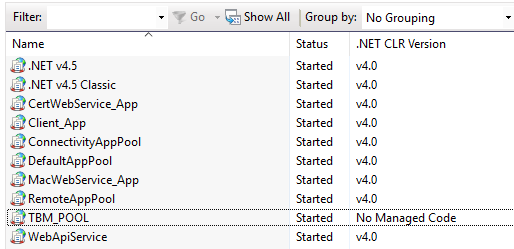 Screenshot of Trados Studio application pool settings showing various pools including TBM POOL with the status 'Started' and a note 'No Managed Code'.