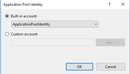 Application Pool Identity window with two options: Built-in account selected with ApplicationPoolIdentity from dropdown, and Custom account option with empty text field and Set button.