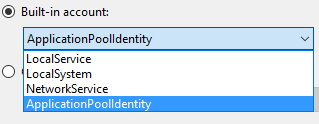 Dropdown menu showing built-in account options: ApplicationPoolIdentity, LocalService, LocalSystem, NetworkService, with ApplicationPoolIdentity selected.