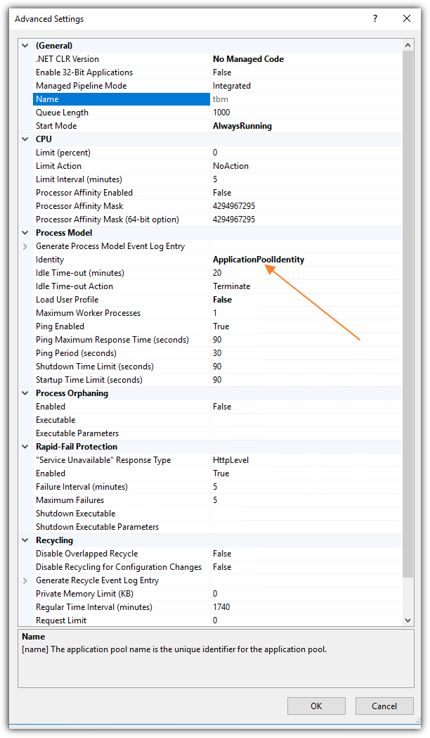 Screenshot of Advanced Settings window showing General and Process Model settings with Identity set to ApplicationPoolIdentity.