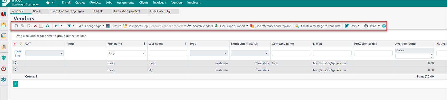 Screenshot of Trados Business Manager showing the Vendors tab with a list of vendors. The batch user creation button is not visible.