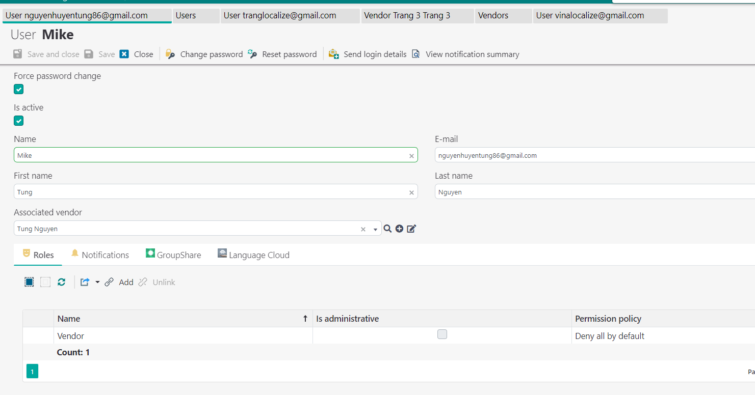 Trados Studio user management screen showing user Mike with associated vendor Tung Nguyen and role count 1, with permission policy set to 'Deny all by default'.