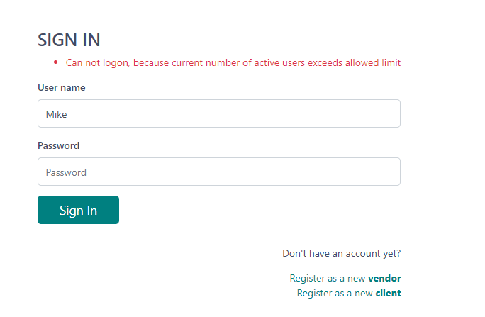 Trados Studio sign-in screen with error message 'Cannot logon, because current number of active users exceeds allowed limit' for user Mike.