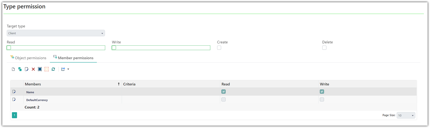 Screenshot of Trados Studio's Type Permission settings showing Client selected as Target type with Read and Write permissions unchecked and a member named DefaultCurrency with Read permission checked and Write permission unchecked.