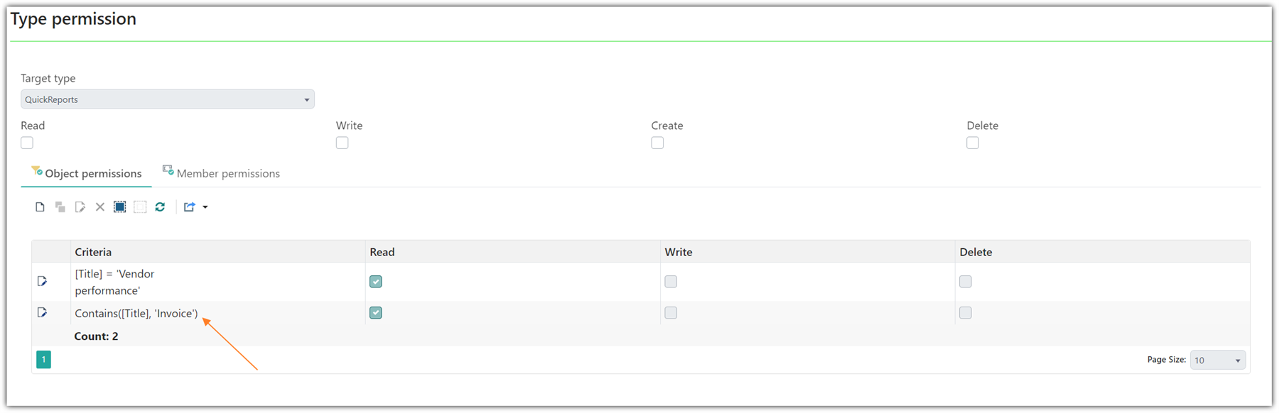 Trados Studio Type Permission screen showing QuickReports selected with Read permission enabled for Vendor performance and Invoice criteria.