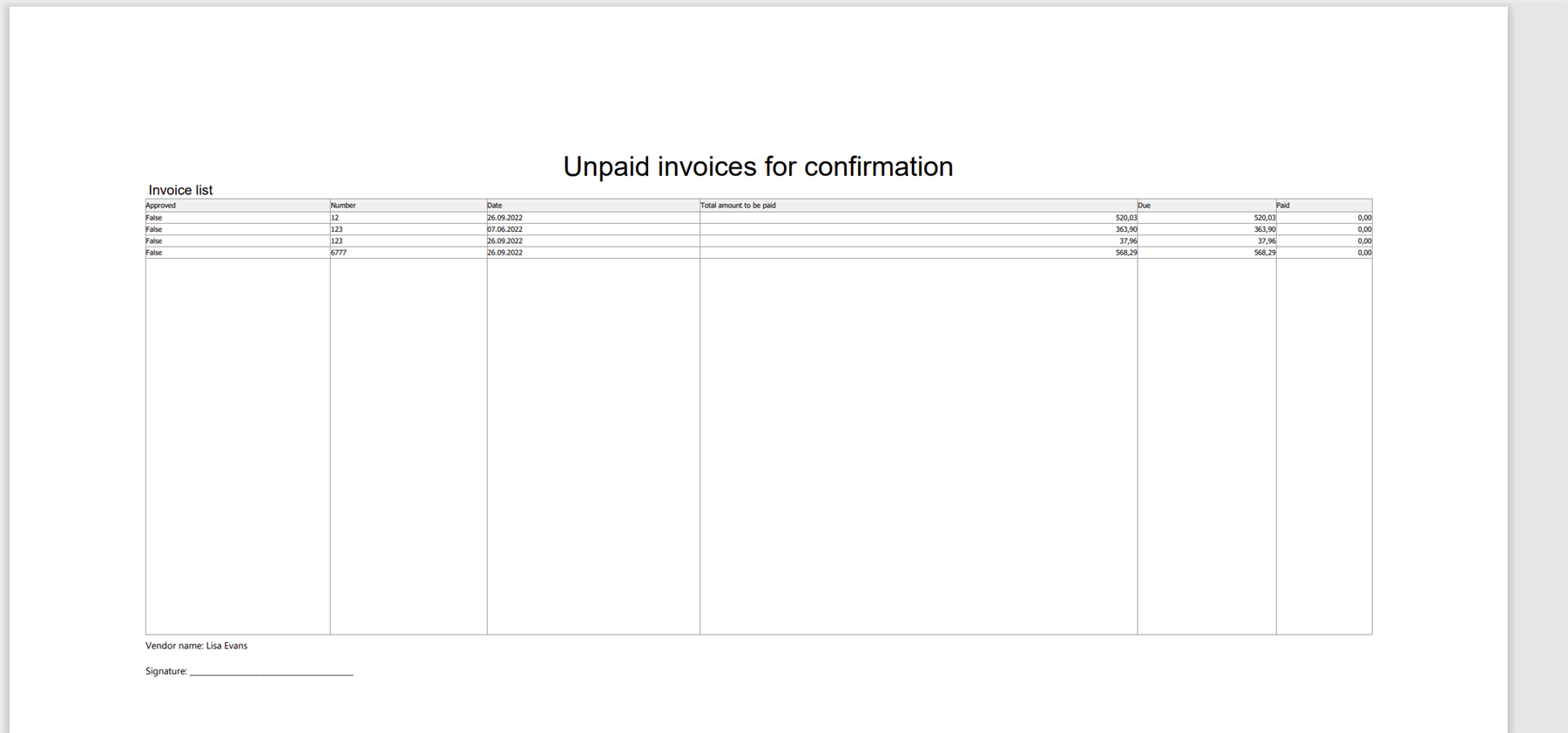 PDF document titled 'Unpaid invoices for confirmation' with a list of invoice details including approval status, number, date, and amounts.