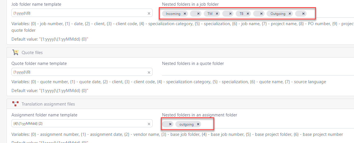 Trados Studio settings showing nested folders in a job folder with 'outgoing' folder marked with an 'x' indicating it cannot be deleted.