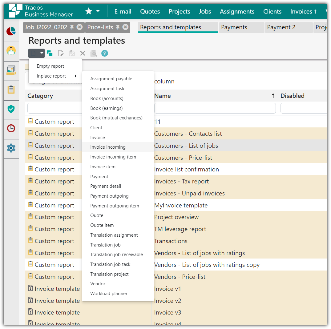 Trados Business Manager interface showing the 'Reports and templates' section with a list of custom reports and invoice templates.