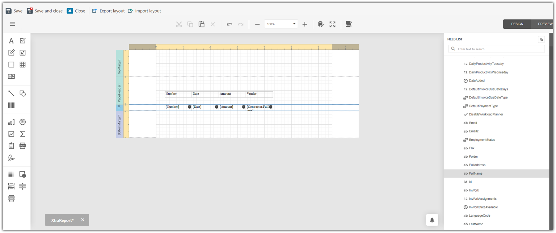 Custom report creation screen in Trados Business Manager with fields for 'Number', 'Date', 'Amount', and 'Vendor' on a grid layout.