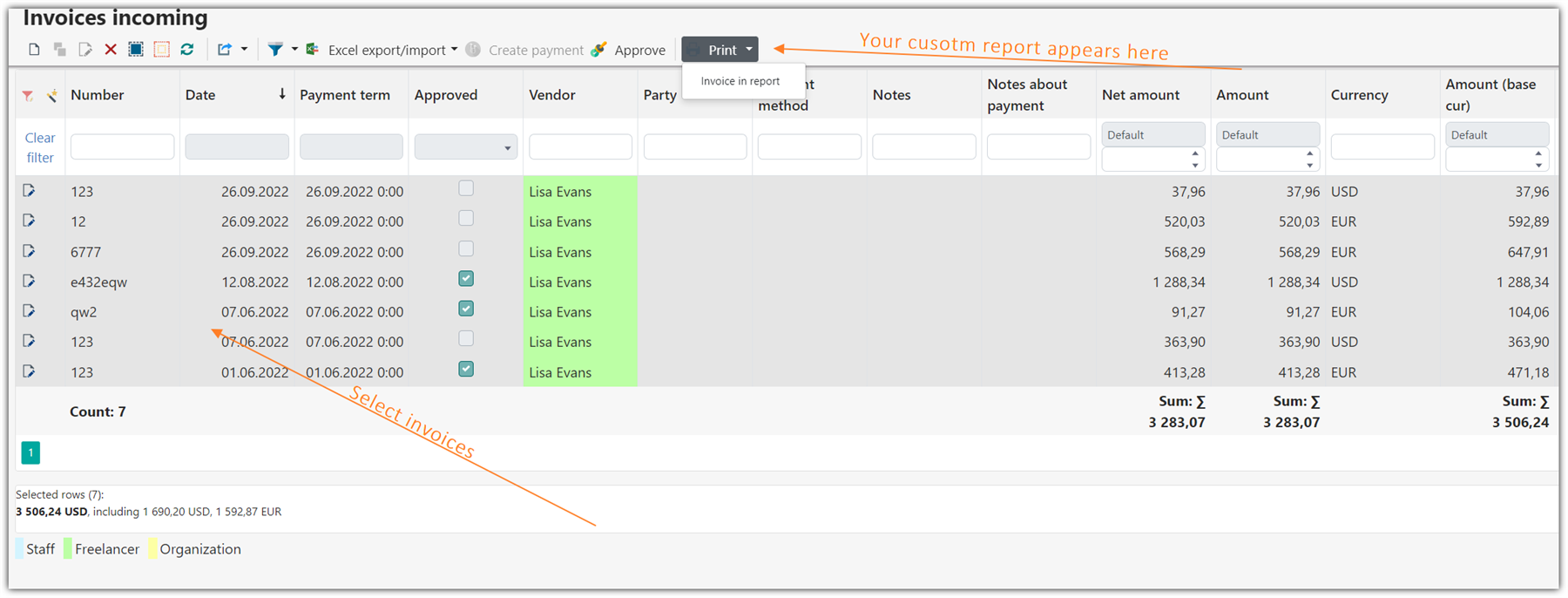 Trados Business Manager 'Invoices incoming' screen with a list of invoices and a highlighted message indicating to select invoices for the custom report.