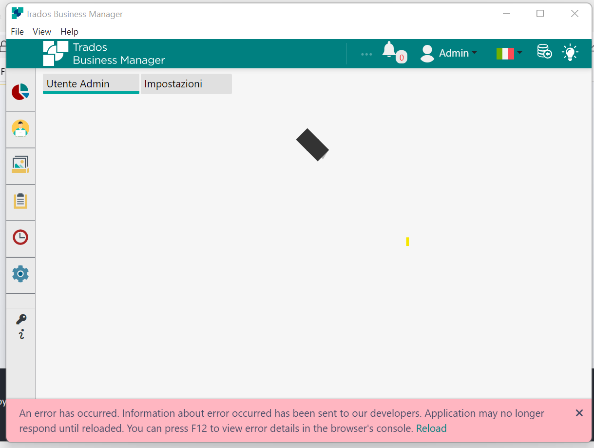 Trados Business Manager application with an error message stating 'An error has occurred. Information about error occurred has been sent to our developers. Application may no longer respond until reloaded. You can press F12 to view error details in the browser's console. Reload'.