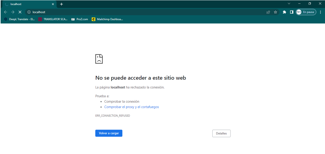 Screenshot of a web browser displaying an error message 'No se puede acceder a este sitio web' with 'ERR_CONNECTION_REFUSED' indicating a connection issue with localhost.