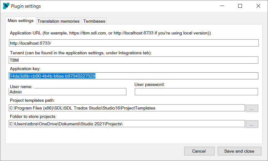 Trados Studio plugin settings window showing fields for Application URL, Tenant, Application key, User name, User password, Project templates path, and Folder to store projects.