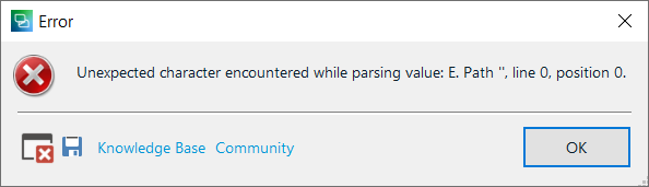 Error dialog box in Trados Studio with a red cross icon, displaying the message 'Unexpected character encountered while parsing value: E. Path '', line 0, position 0.' with an OK button and links to Knowledge Base and Community.