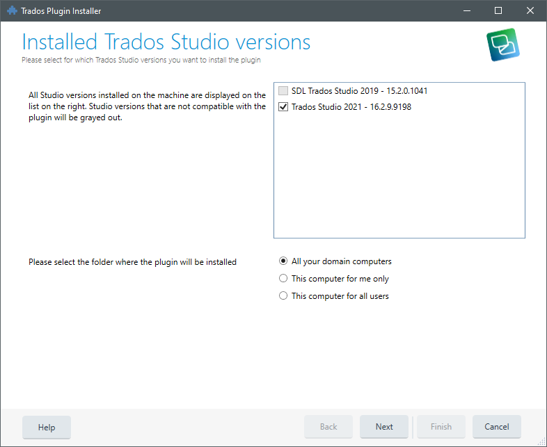 Trados Plugin Installer window showing installed Trados Studio versions: 2019 - 15.2.0.1041 and 2021 - 16.2.9.918.