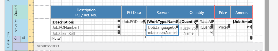 Screenshot of Trados Studio invoice template in design mode with fields for Description, PO Date, Service, Quantity, Price, and Amount.