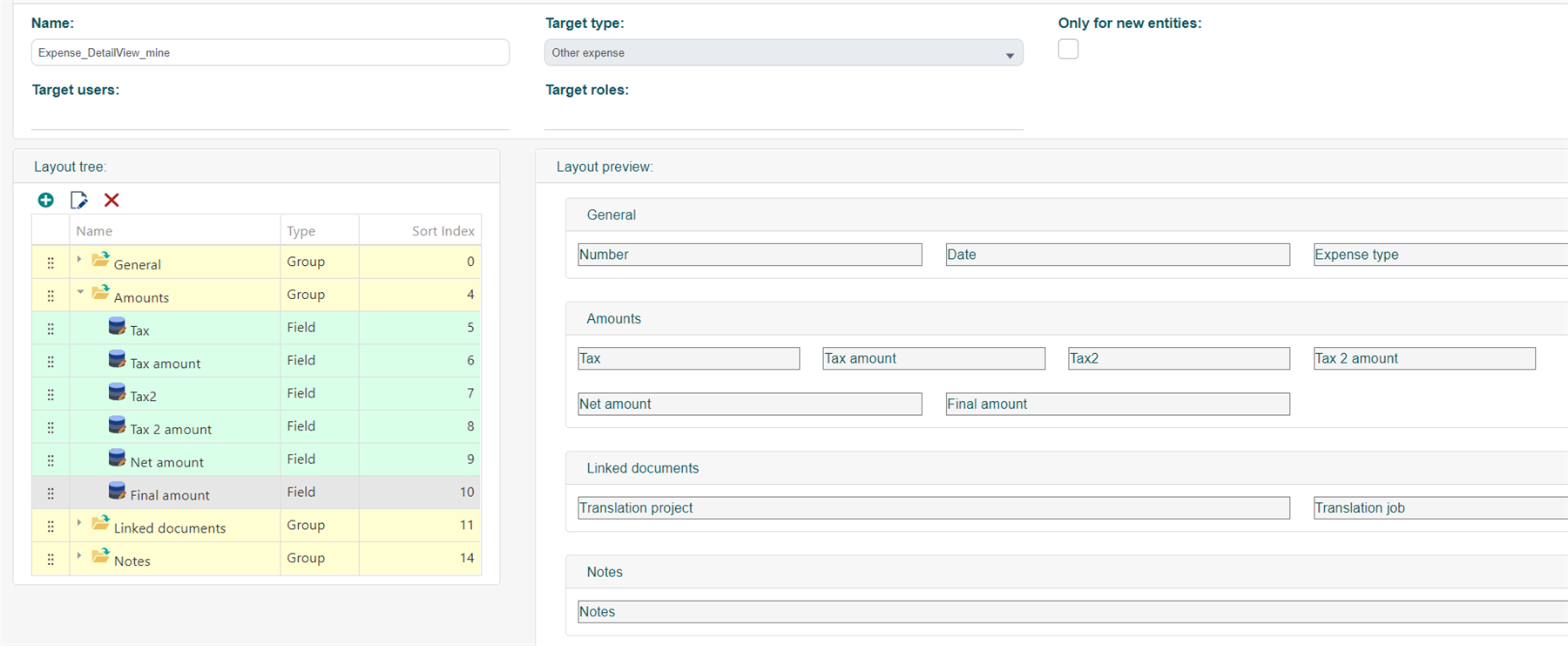 Screenshot of Trados Studio's layout configuration for 'Other expense' showing the fields for 'Tax', 'Tax amount', 'Tax2', 'Tax 2 amount', 'Net amount', and 'Final amount'. No visible errors or warnings are present.