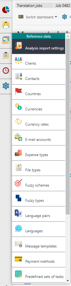 Trados Studio navigation menu with options such as Translation jobs, Reference data, Clients, and Languages, but missing 'Contractor' and 'Assigned works'.