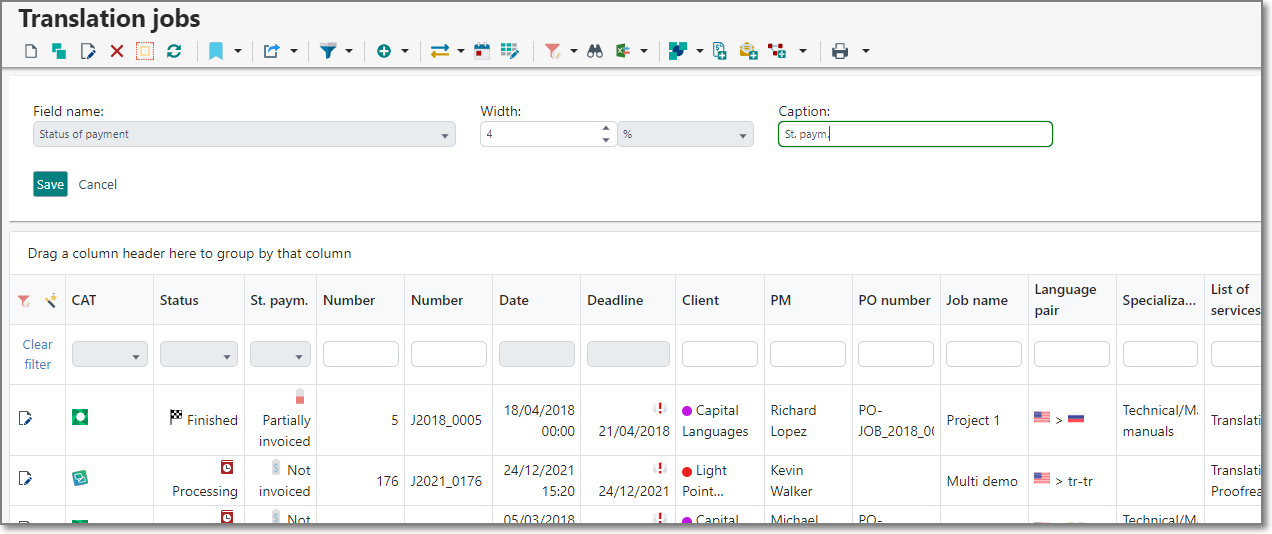 Trados Studio customization interface showing a small row for field selection with options for 'Status of payment', width adjustment set to 4%, and caption box containing 'St. paym'. Below is a table with columns for CAT, Status, St. paym., Number, Date, Deadline, Client, PM, PO number, Job name, Language pair, Specialization, and List of services. Some entries have warning icons and 'Finished', 'Partially invoiced', and 'Not invoiced' statuses are visible.