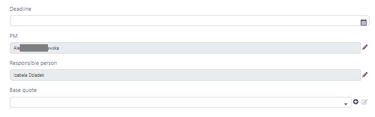 Trados Studio project management interface showing fields for Deadline, PM with partial name 'Ale', Responsible person 'Izabela Dziadek', and an empty Base quote field.