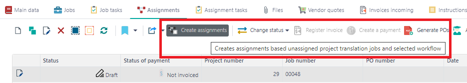 Trados Studio interface showing the 'Assignments' tab with a highlighted 'Create assignments' function and a tooltip explaining it creates assignments based on unassigned project translation jobs and selected workflow.