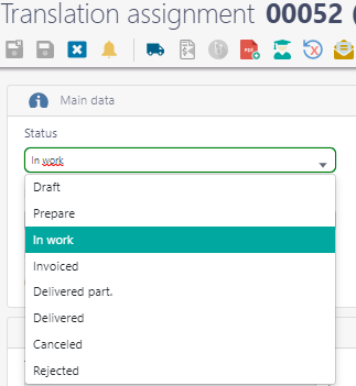 Trados Studio screenshot showing the 'Translation assignment 00052' window with a status dropdown menu open, highlighting the 'In work' status without showing a 'sent' status.