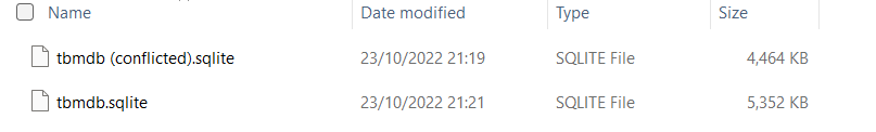 File explorer showing two database files, one named 'tbmdb (conflicted).sqlite' and the other 'tbmdb.sqlite', with different file sizes and modified dates.