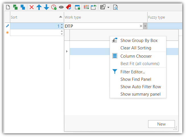 Trados Studio screenshot showing a right-click context menu with options such as 'Show Group By Box', 'Clear All Sorting', and 'Column Chooser' highlighted.