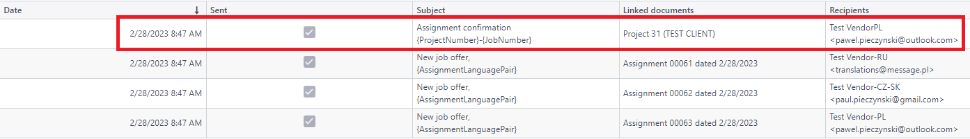 Trados Studio sent messages list with four entries, including one 'Assignment confirmation' and three 'New job offer' messages, all marked as sent with checkboxes.