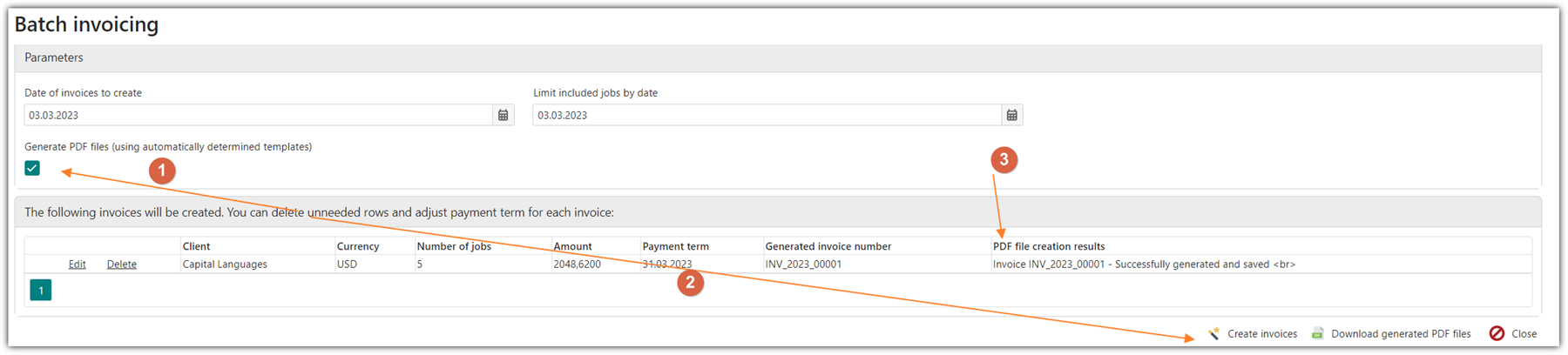 Trados Studio Batch Invoicing screen showing parameters set for invoice creation, a list of invoices to be generated with one marked for deletion, and a notification of successful PDF file generation.