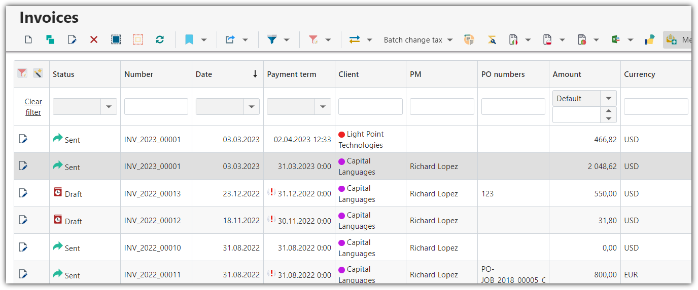 Invoices list in Trados Studio displaying various invoices with 'Sent' and 'Draft' statuses, including the newly sent invoice 'INV_2023_00001' with a 'Sent' status.