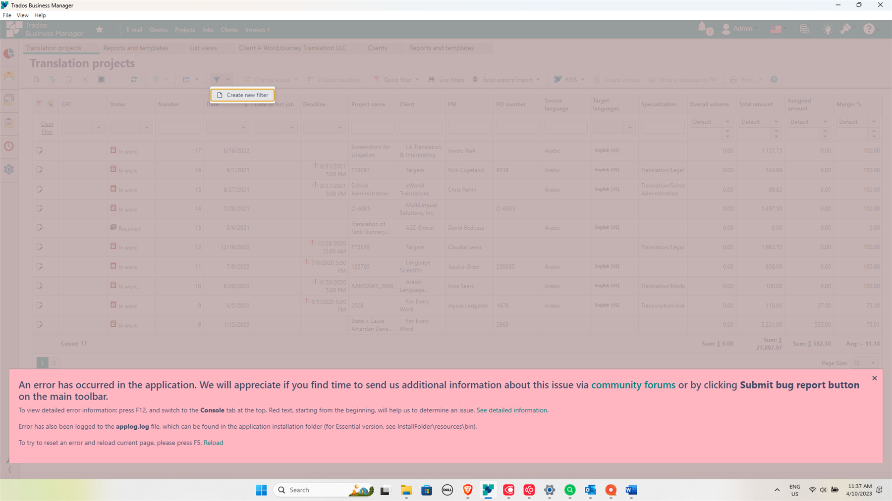 Trados Studio Translation Projects screen with a red error message overlay stating 'An error has occurred in the application. We will appreciate if you find time to send us additional information about this issue via community forums or by clicking Submit bug report button on the main toolbar.'