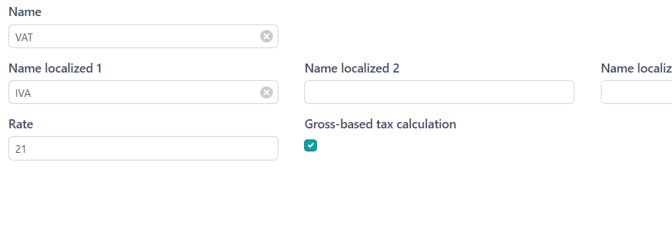 Screenshot of Trados Studio's tax settings for Tax 1 (VAT) showing the name 'VAT', localized name 'IVA', rate set at 21, and 'Gross-based tax calculation' checked.