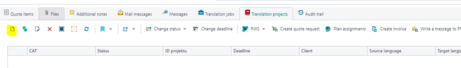 Screenshot of Trados Studio with an empty translation jobs list, indicating no projects or jobs currently created or assigned.