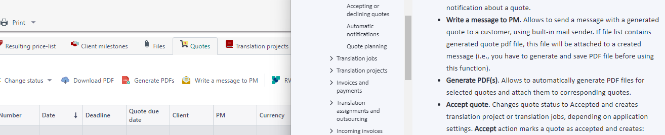 Screenshot of Trados Studio interface showing tabs for 'Resulting price-list', 'Client milestones', 'Files', 'Quotes', 'Translation projects', with 'Generate PDFs' tab visible but no tab for converting a quote into a job.