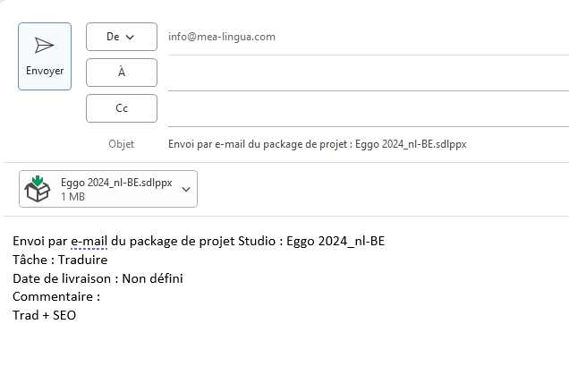 Email composition window in Trados Studio with 'info@mea-lingua.com' in the sender field, subject 'Envoi par e-mail du package de projet: Eggo 2024_nl-BE.sdlppx', and attached file 'Eggo 2024_nl-BE.sdlppx' of 1 MB.