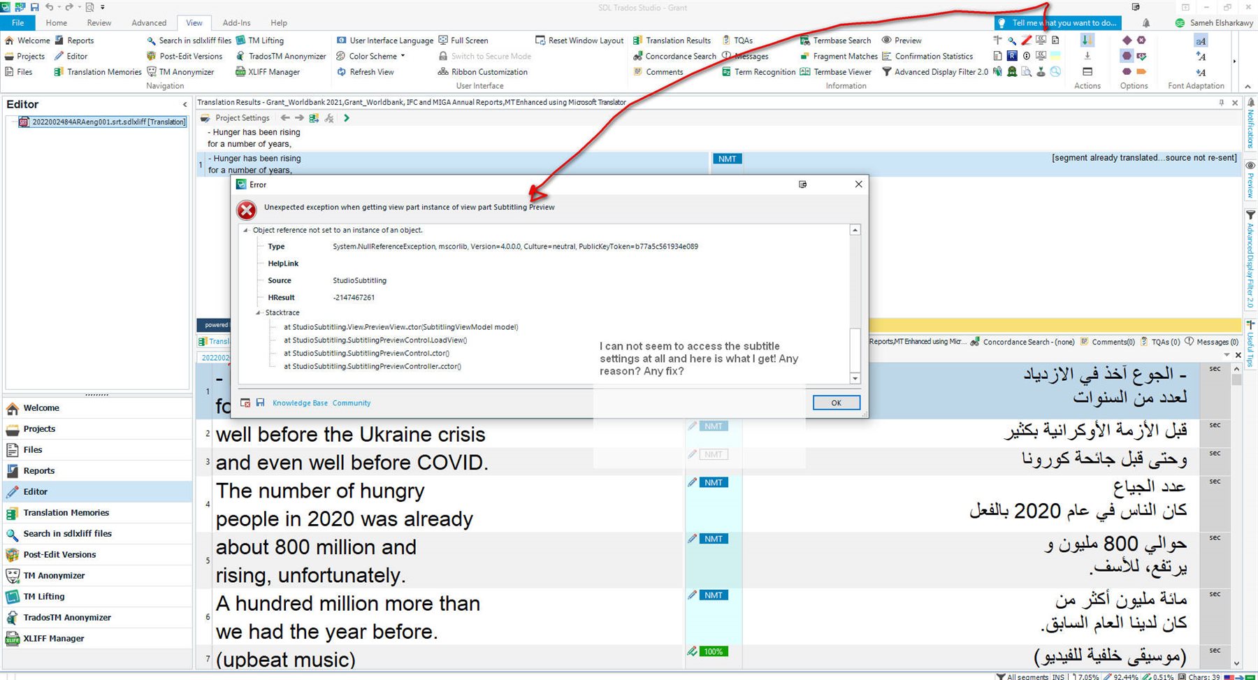 Screenshot of Trados Studio with an error message popup stating 'Unexpected exception when getting view part instance of view part Subtitling Preview'. User is asking for help with the subtitle settings issue.