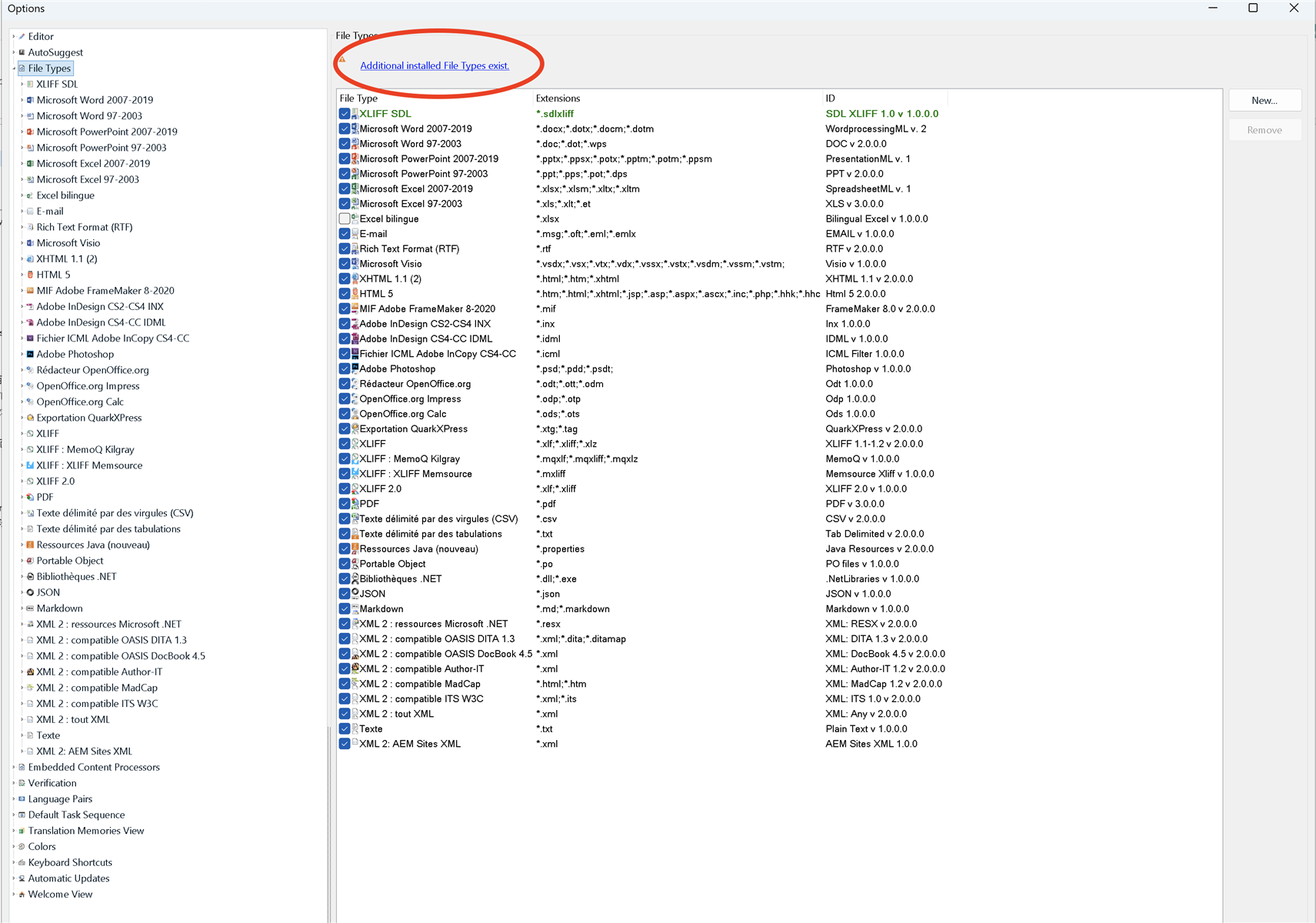 Trados Studio Options window showing File Types pane with a highlighted message 'Additional installed File Types exist.'