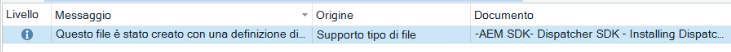 Trados Studio error message in Italian stating 'This file was created with a definition of...'. File support origin, document titled 'AEM SDK - Dispatcher SDK - Installing Dispatch...'.