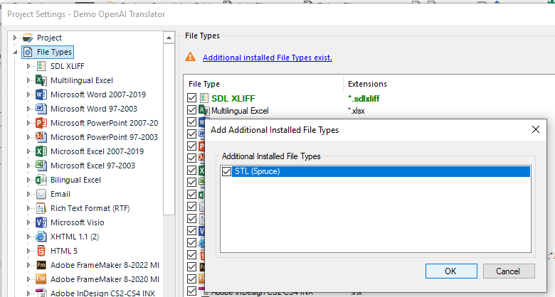Trados Studio Project Settings window showing File Types list with a warning 'Additional installed File Types exist.' and a dialog box to add 'STL (Spruce)' File Type.