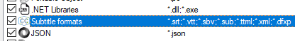 Screenshot of file type settings with 'Subtitle formats' including file extensions like 'srt', 'vtt', 'sbv', 'sub', 'xml', and 'dfxp'.