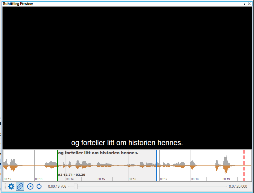 Screenshot of the Subtitling Preview window with a black screen, subtitle text at the bottom, and an audio waveform visible.