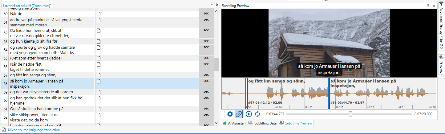 Screenshot of a subtitling software interface with two panels. The left panel shows a list of subtitles with timestamps, and the right panel displays a video preview with subtitles overlaid on the image of a snowy cabin.