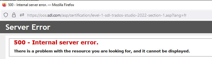 Webpage screenshot showing a '500 - Internal server error' message indicating a problem with the resource.