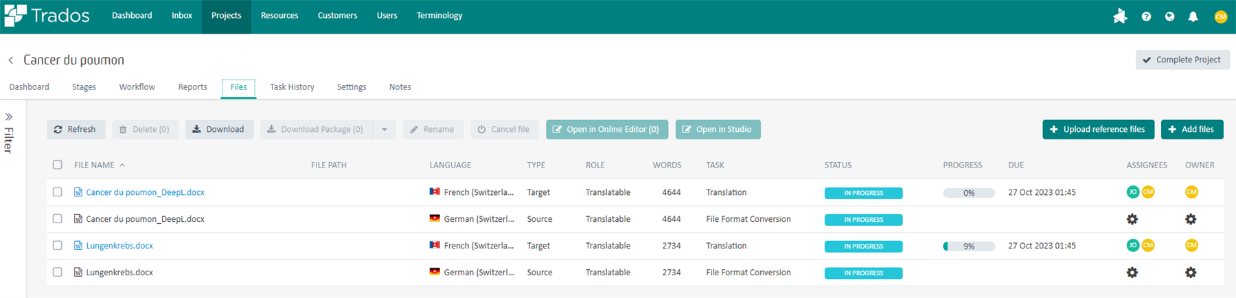 Trados Studio interface showing the 'Files' tab with a list of documents. The 'Delete' button is visible on the left side next to the 'Refresh' button.